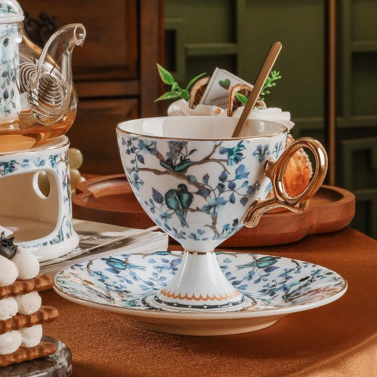 French Vintage Stemmed Bone China Coffee Cup, French Vintage Tea Cup with Floral Design