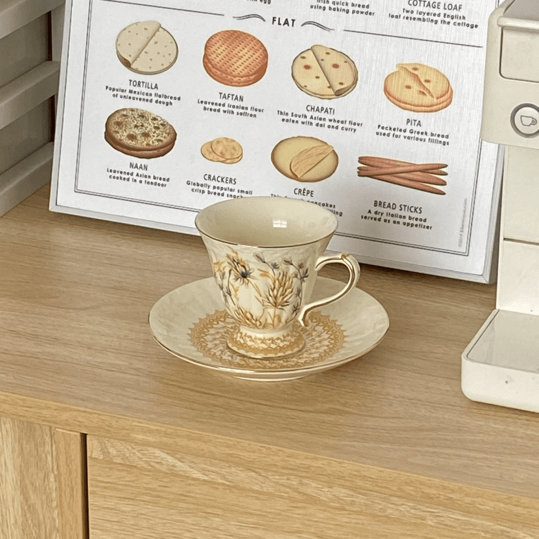 Vintage European Gold Wheat Ear Coffee Cup Saucer - English Afternoon Tea Birthday Gift for Her