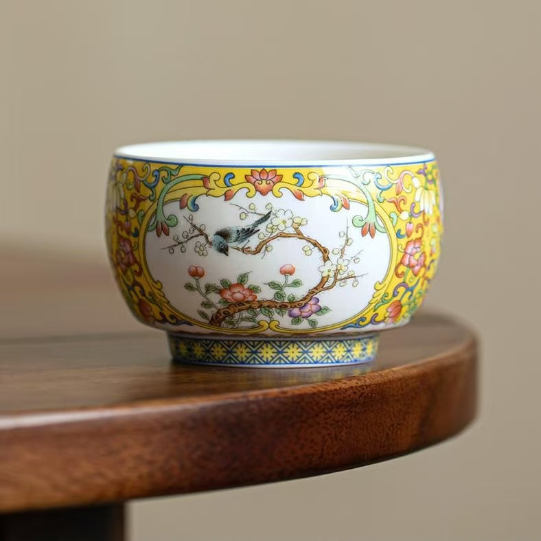 Magpie & Plum Blossom Teacup, Enamel Painted Gongfu Tea Cup
