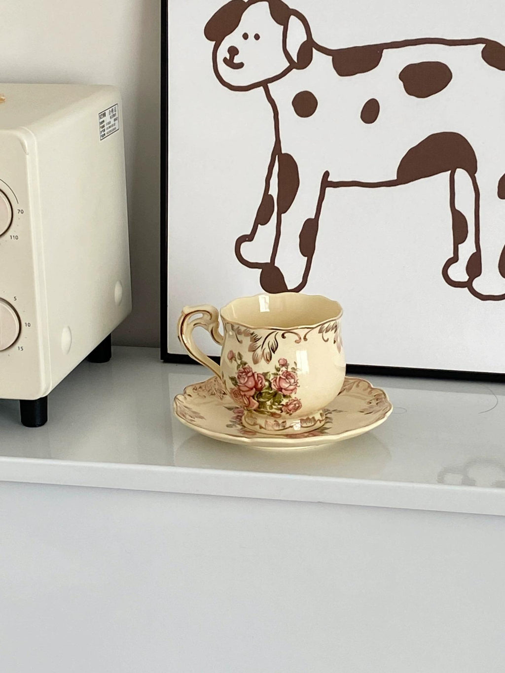 French Cream-Colored Rose Ceramic Coffee Cup and Saucer Set - Afternoon Tea Hostess Gift