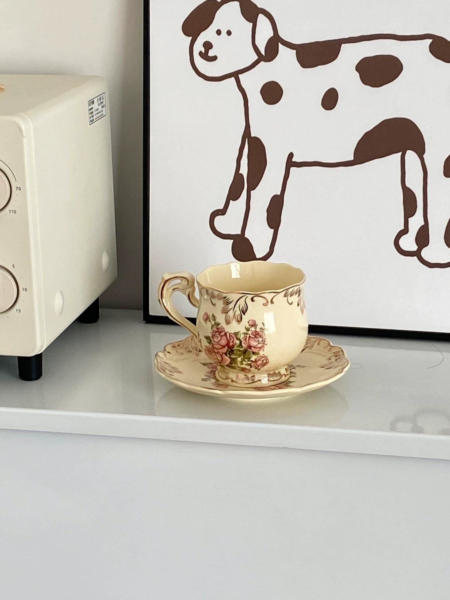 French Cream-Colored Rose Ceramic Coffee Cup and Saucer Set - Afternoon Tea Hostess Gift