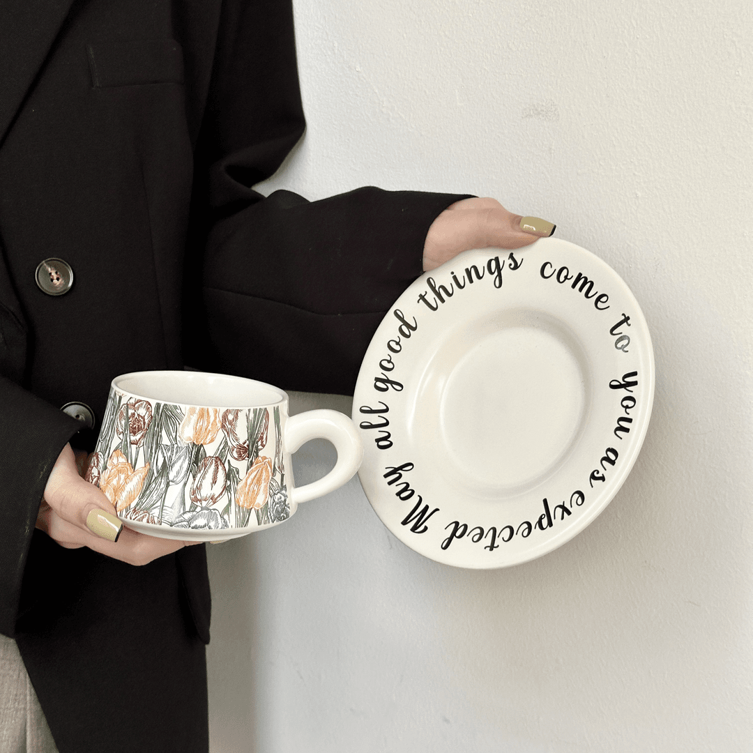 Black Tulip Coffee Set, Ceramic Mug & Saucer, Luxury Gift & Home Decor-Elegant Coffee Cups