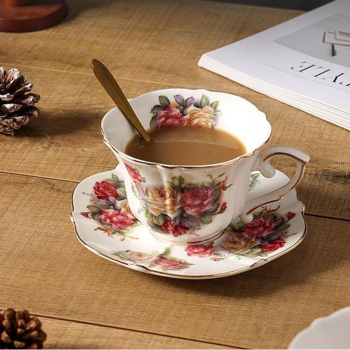Aesthetic English Vintage Coffee Set, Gold Trim Ceramic Cup & Saucer-Afternoon Tea
