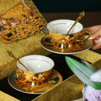 European Vintage Bone China Coffee & Tea Cup - Hand-Painted Gold Famous Painting Gift Box - Water Glass