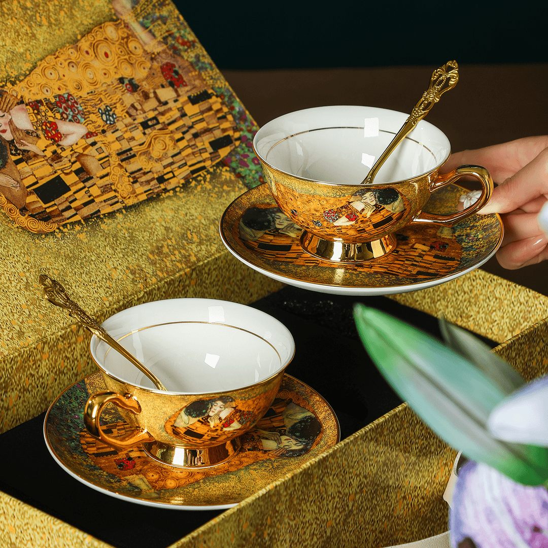 European Vintage Bone China Coffee & Tea Cup - Hand-Painted Gold Famous Painting Gift Box - Water Glass