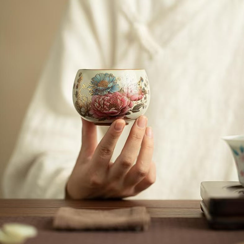 Gold Peony Ru Yao Teacup, Contemporary Gongfu Tea Cup-Personal Use Tea Cup