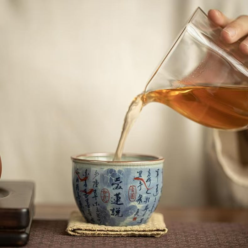 Aged Clay Lotus Teacup, Antique Style Blue & White - Ode to the Lotus Design