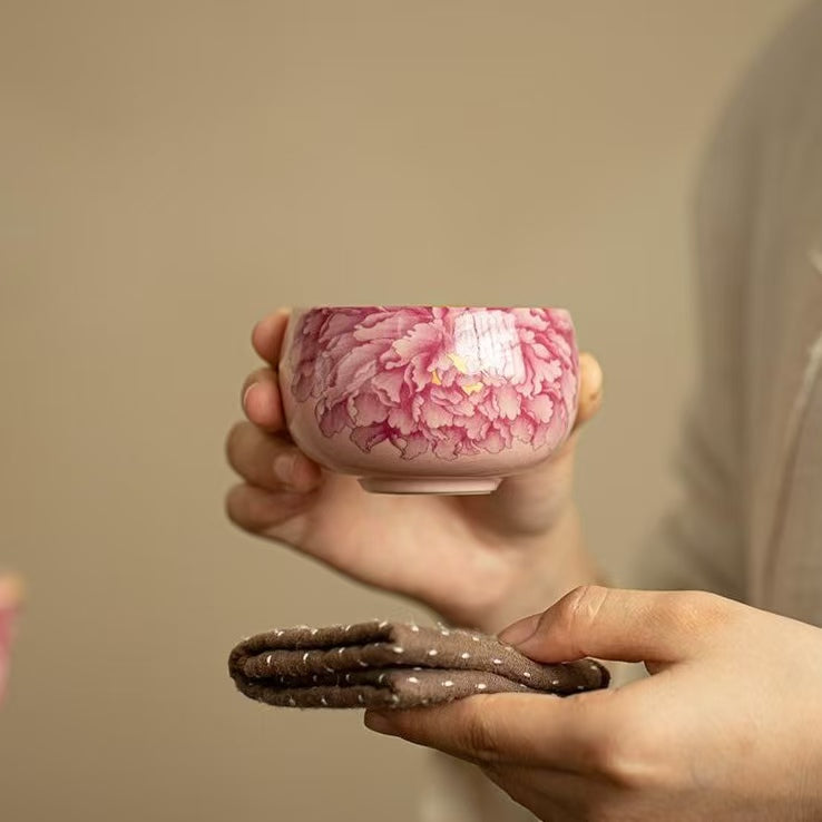 Contemporary Ru Yao & Peony & Lohan Teacup, Pink Ru Yao Gongfu Tea Cup