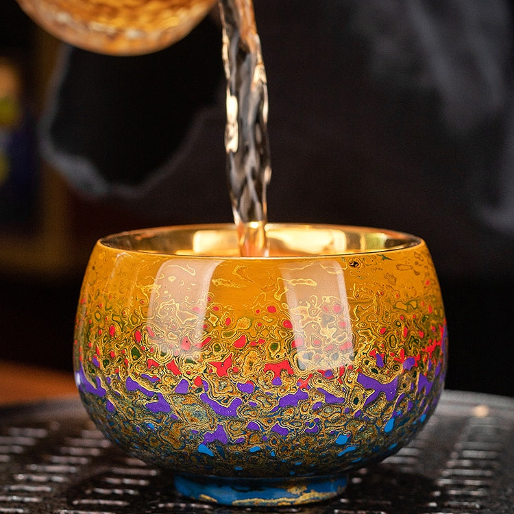 Handmade Fuzhou Lacquer Ceramic Tea Cup – Gradient Design with 24K Gold Bodhi Leaf – Artisan Master Cup