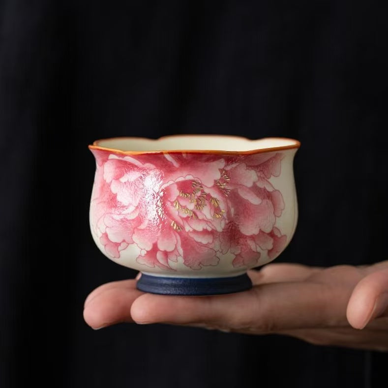 Contemporary Ru Yao & Peony & Lohan Teacup, Pink Ru Yao Gongfu Tea Cup