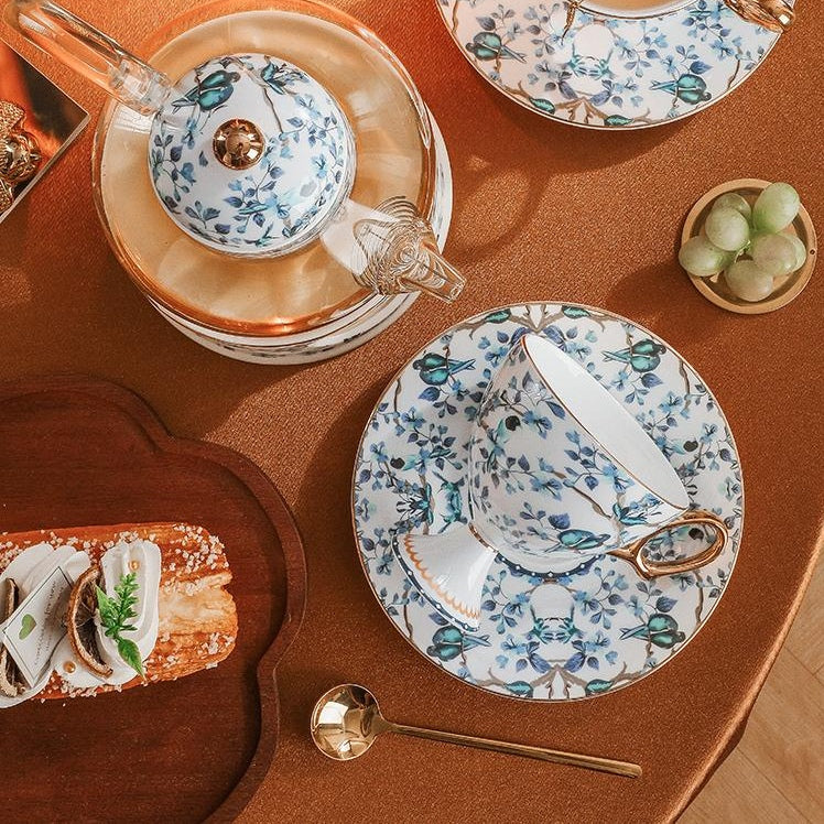 French Vintage Stemmed Bone China Coffee Cup, French Vintage Tea Cup with Floral Design