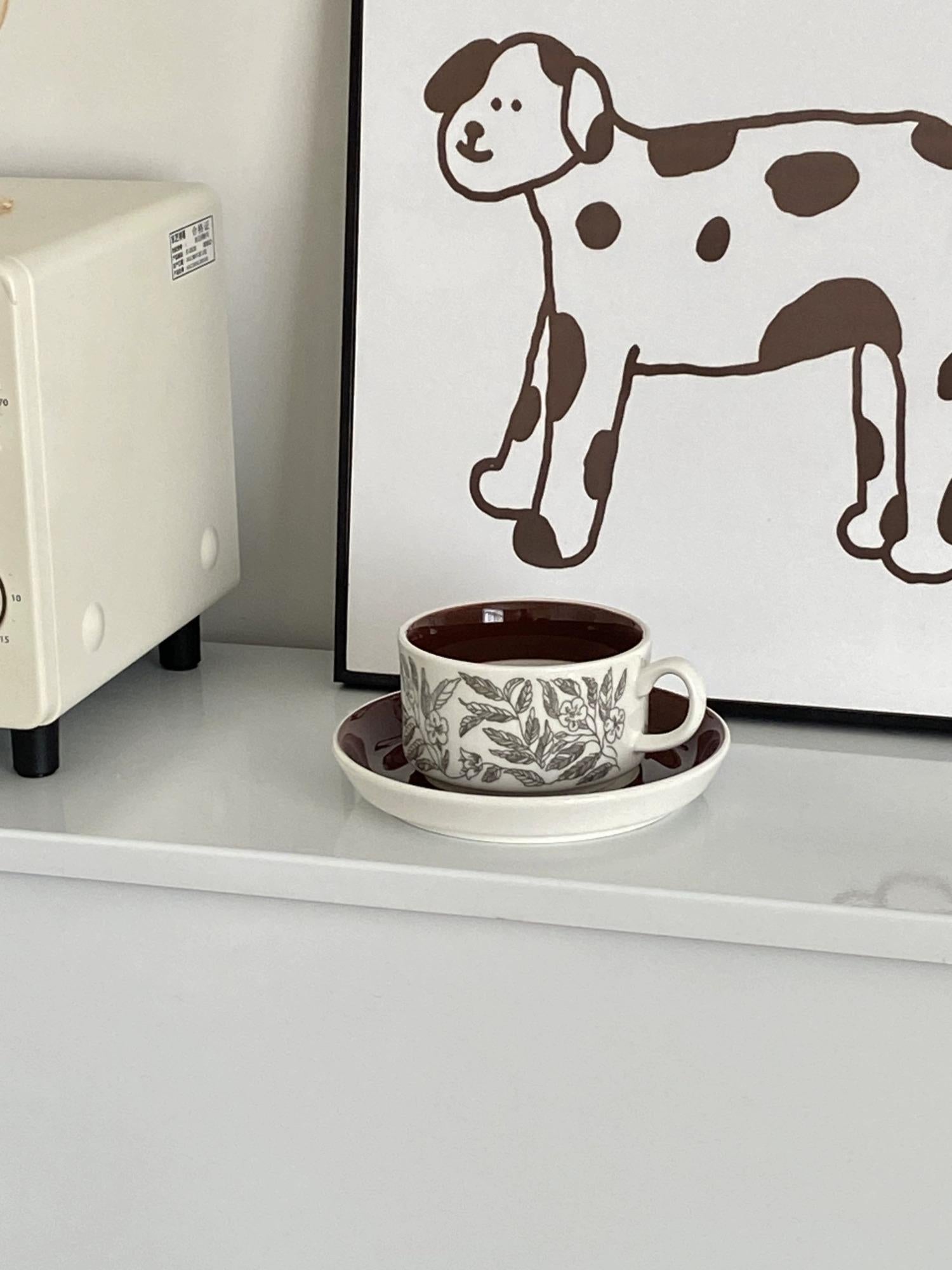 Vintage Brown Hibiscus Ceramic Cup and Saucer Set - Afternoon Tea Coffee Cup | Birthday Gift