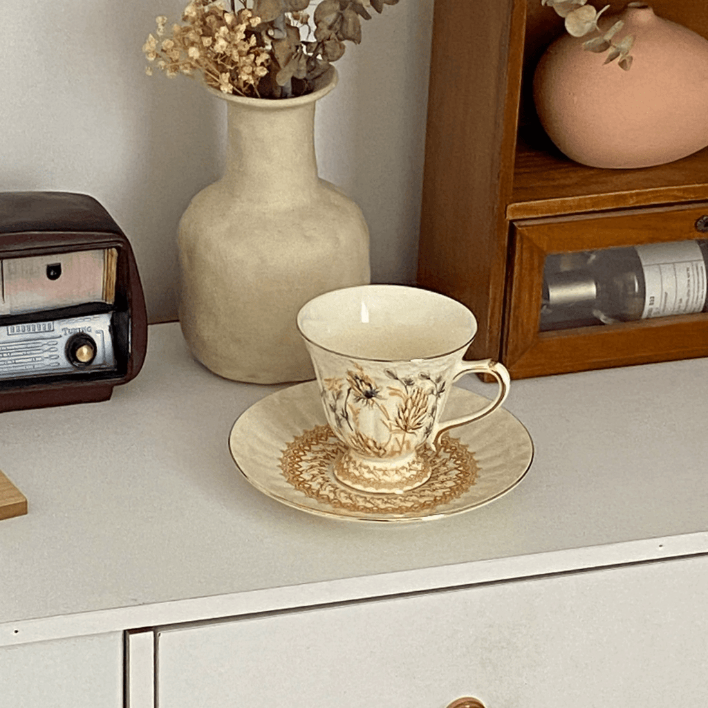 Vintage European Gold Wheat Ear Coffee Cup Saucer - English Afternoon Tea Birthday Gift for Her