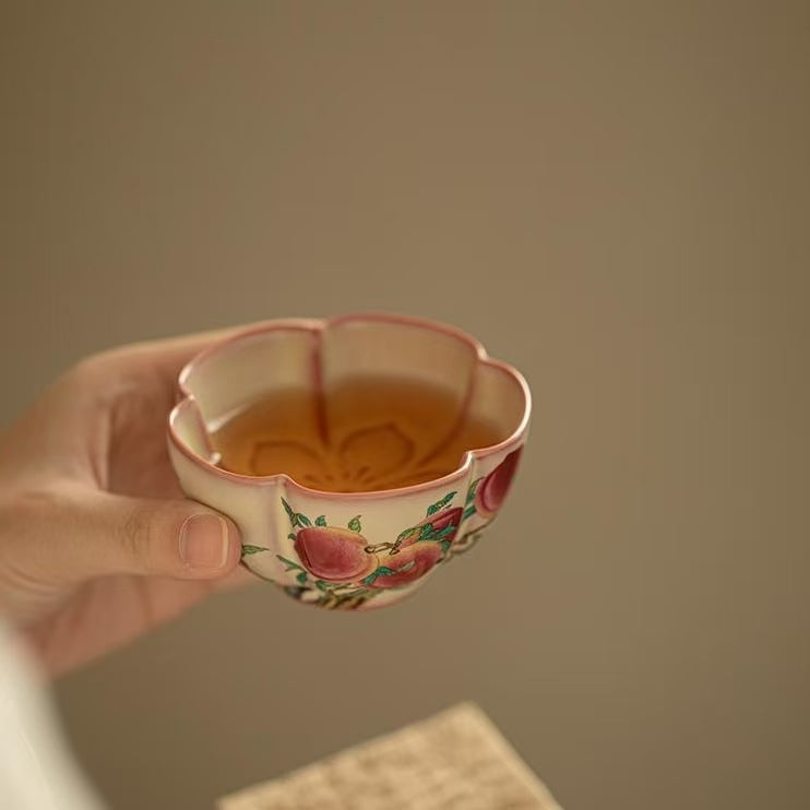 Lard（Jadeite）Glaze Peach Blossom Teacup, Nine Peaches Design-Ceramic Gongfu Tea Cup