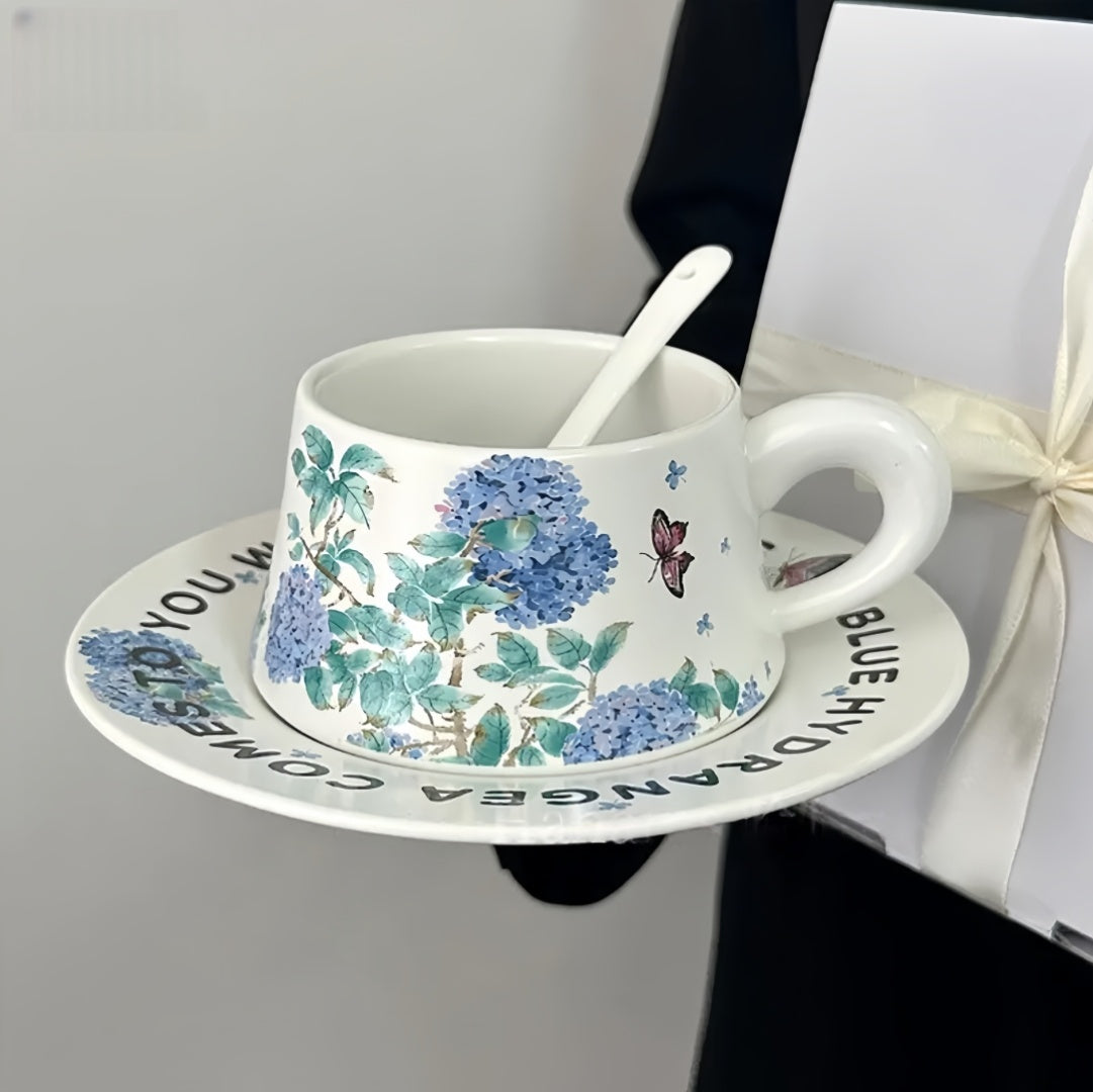 Purple Hydrangea Coffee Set, Vintage Ceramic Mug & Saucer-Original Design，Afternoon Tea