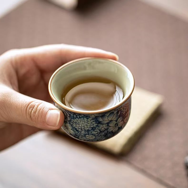 Crackle Glaze Teacup, Antique Clay Floral Ceramic Tea Cup-Develops Patina