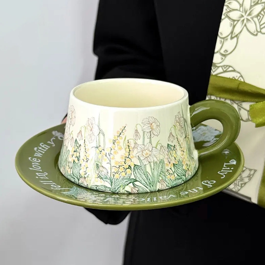 Original Bell Flower Coffee Mug with Pink Handle, Mid-Century Ceramic Cup & Saucer Design