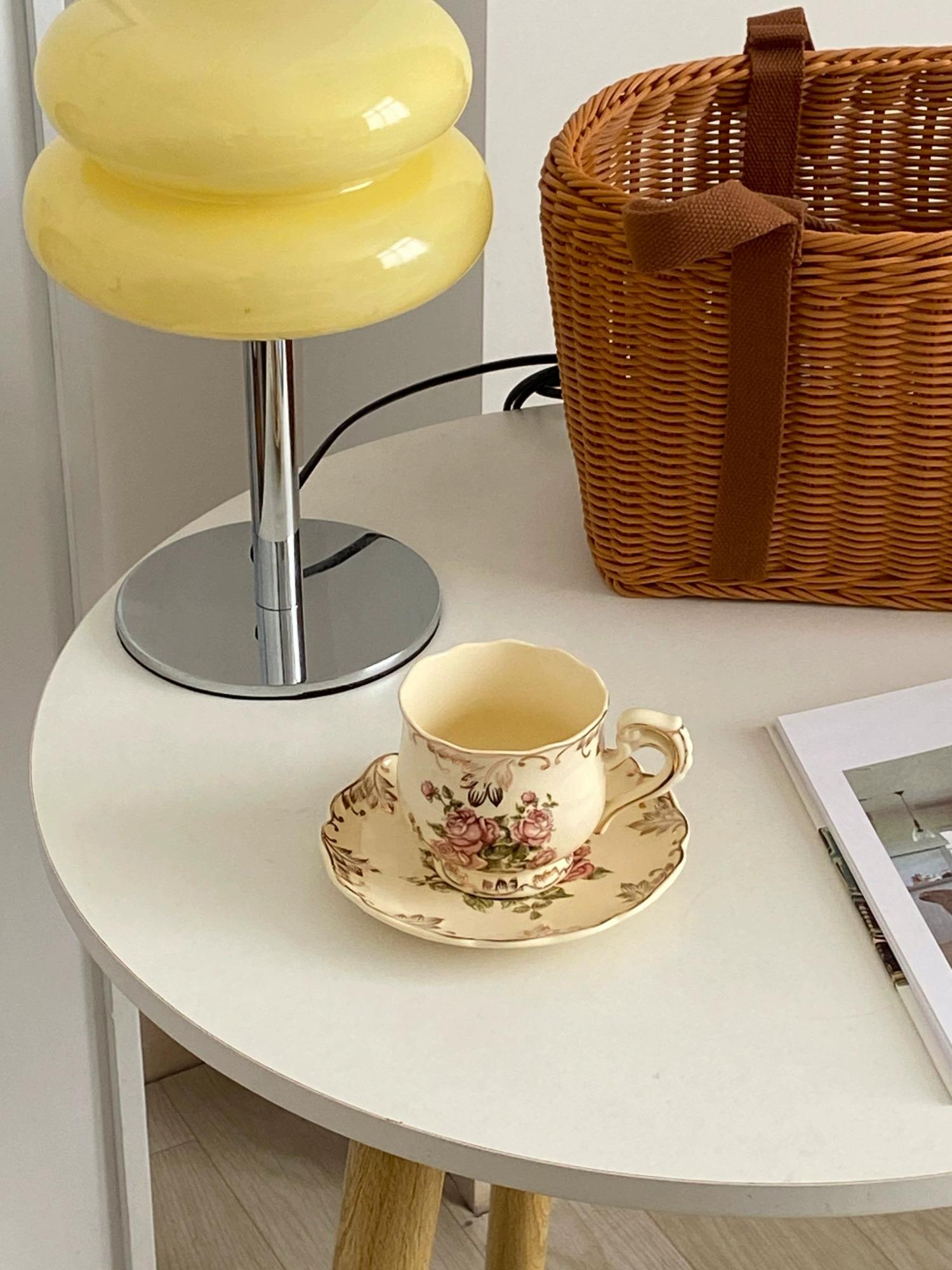 French Cream-Colored Rose Ceramic Coffee Cup and Saucer Set - Afternoon Tea Hostess Gift