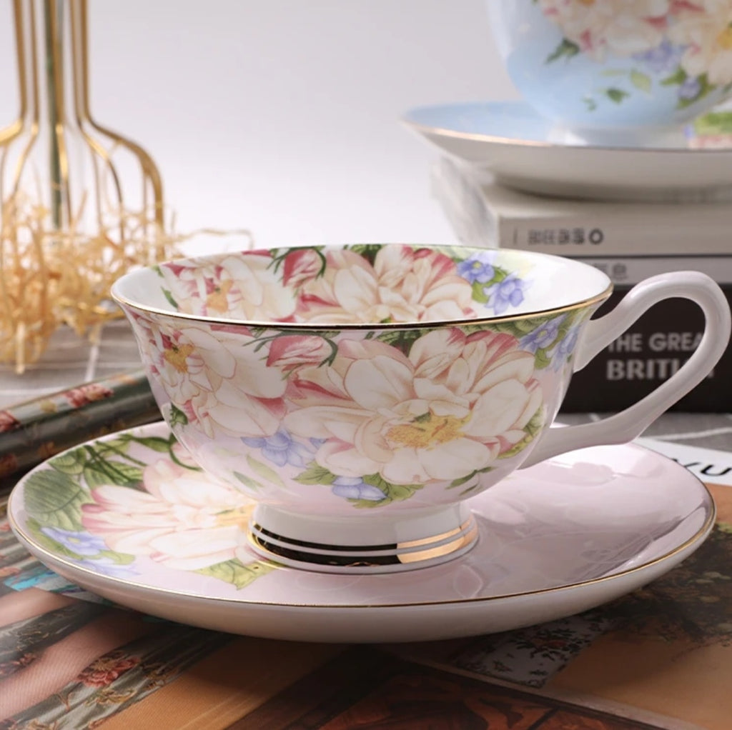 Bone China Cup and Saucer, Pink Coffee Cup and Teacup, Luxury European Style Set