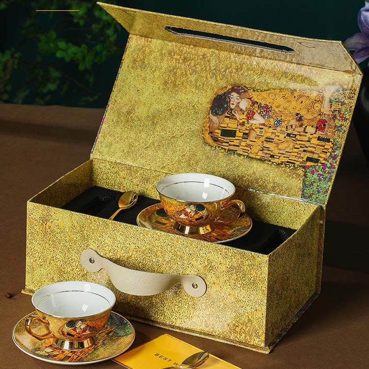 European Vintage Bone China Coffee & Tea Cup - Hand-Painted Gold Famous Painting Gift Box - Water Glass