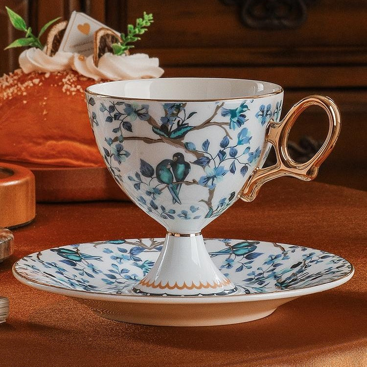 French Vintage Stemmed Bone China Coffee Cup, French Vintage Tea Cup with Floral Design