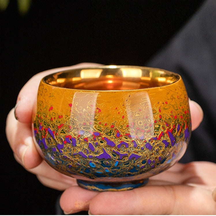 Handmade Fuzhou Lacquer Ceramic Tea Cup – Gradient Design with 24K Gold Bodhi Leaf – Artisan Master Cup