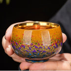 Handmade Fuzhou Lacquer Ceramic Tea Cup – Gradient Design with 24K Gold Bodhi Leaf – Artisan Master Cup