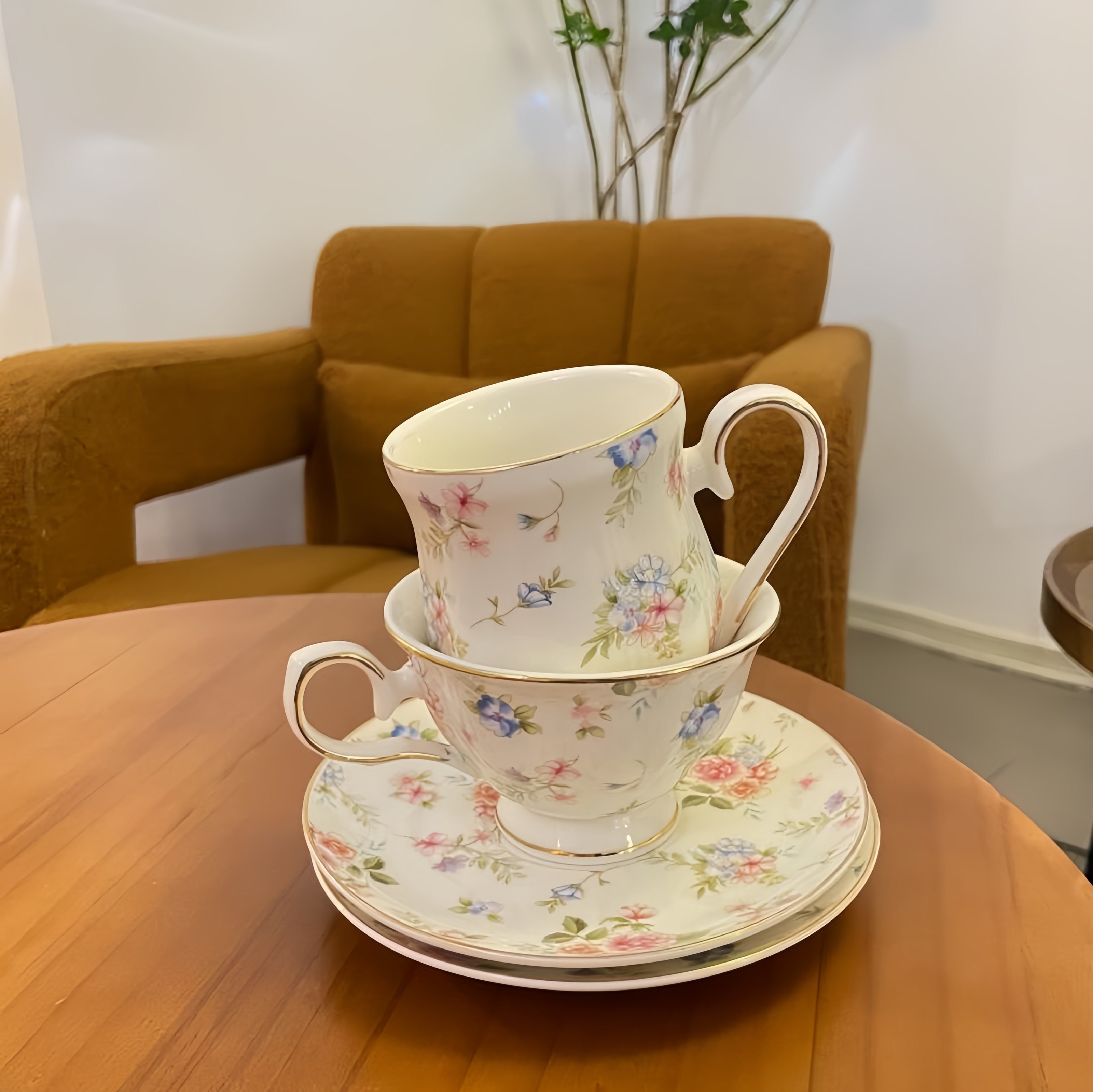 Cottagecore English Vintage Coffee Set, Sprig Print Gold Rim Cup & Saucer