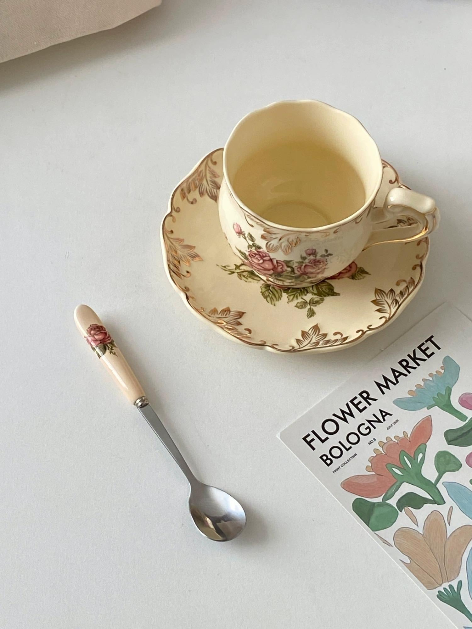 French Cream-Colored Rose Ceramic Coffee Cup and Saucer Set - Afternoon Tea Hostess Gift