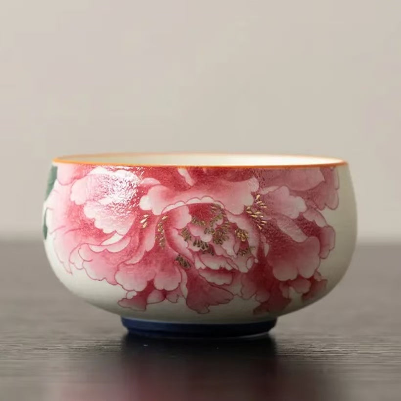 Contemporary Ru Yao & Peony & Lohan Teacup, Pink Ru Yao Gongfu Tea Cup