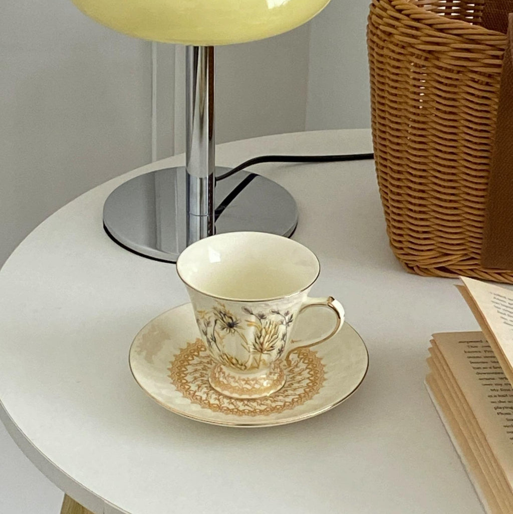 Vintage European Gold Wheat Ear Coffee Cup Saucer - English Afternoon Tea Birthday Gift for Her