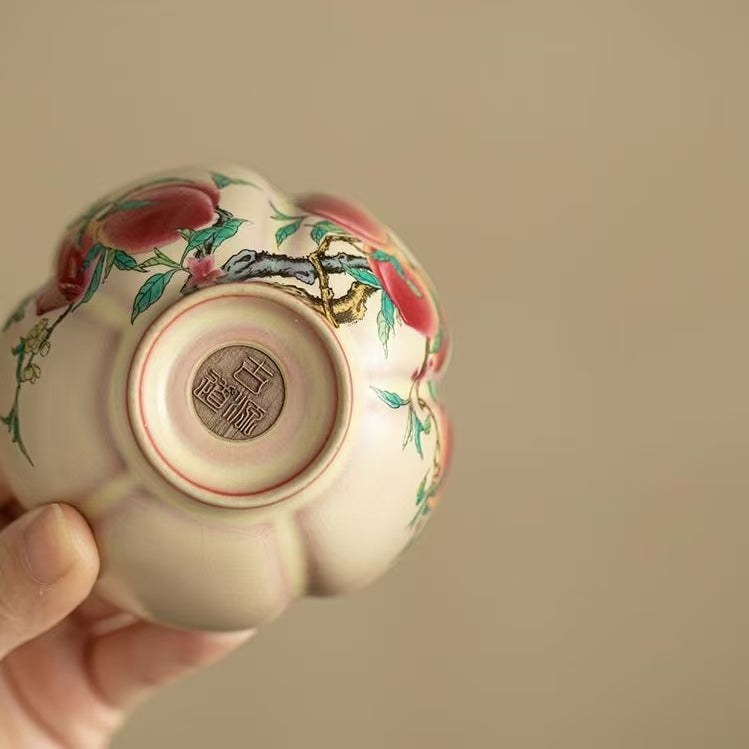 Lard（Jadeite）Glaze Peach Blossom Teacup, Nine Peaches Design-Ceramic Gongfu Tea Cup