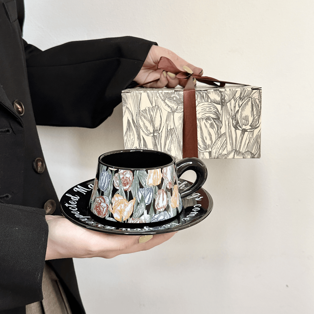 Black Tulip Coffee Set, Ceramic Mug & Saucer, Luxury Gift & Home Decor-Elegant Coffee Cups