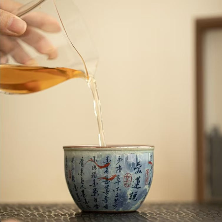 Aged Clay Lotus Teacup, Antique Style Blue & White - Ode to the Lotus Design