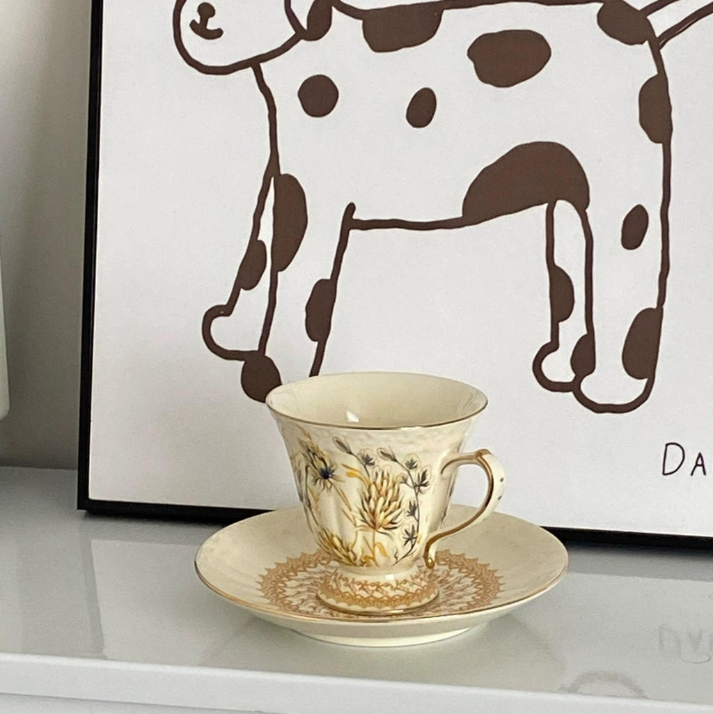 Vintage European Gold Wheat Ear Coffee Cup Saucer - English Afternoon Tea Birthday Gift for Her