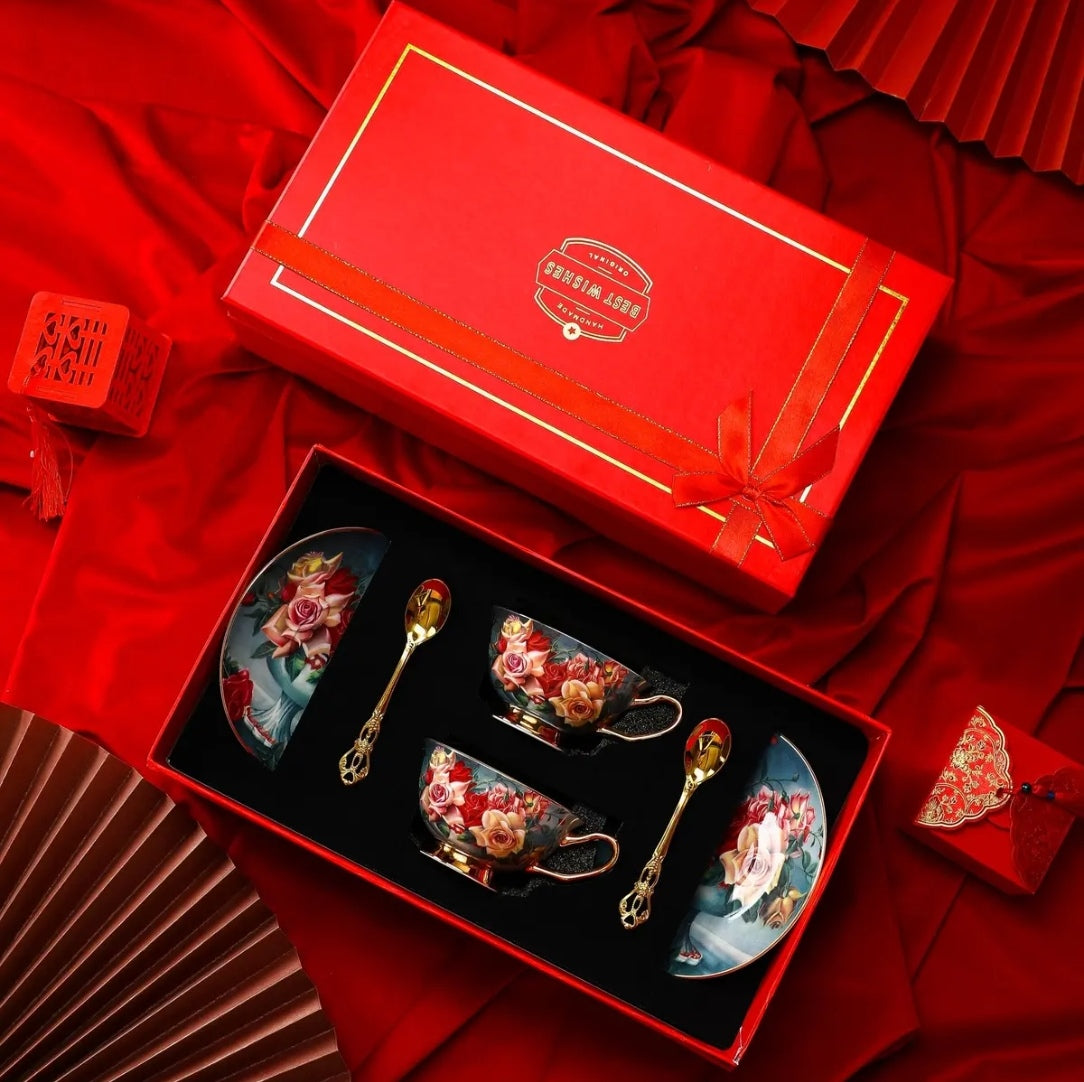 Elegant European Bone China Coffee Cup and Saucer Set - Luxury Wedding Gift Box , Sophisticated English Tea Cup