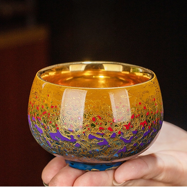 Handmade Fuzhou Lacquer Ceramic Tea Cup – Gradient Design with 24K Gold Bodhi Leaf – Artisan Master Cup