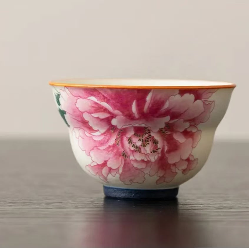 Contemporary Ru Yao & Peony & Lohan Teacup, Pink Ru Yao Gongfu Tea Cup