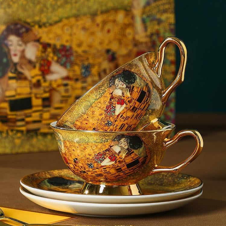 European Vintage Bone China Coffee & Tea Cup - Hand-Painted Gold Famous Painting Gift Box - Water Glass