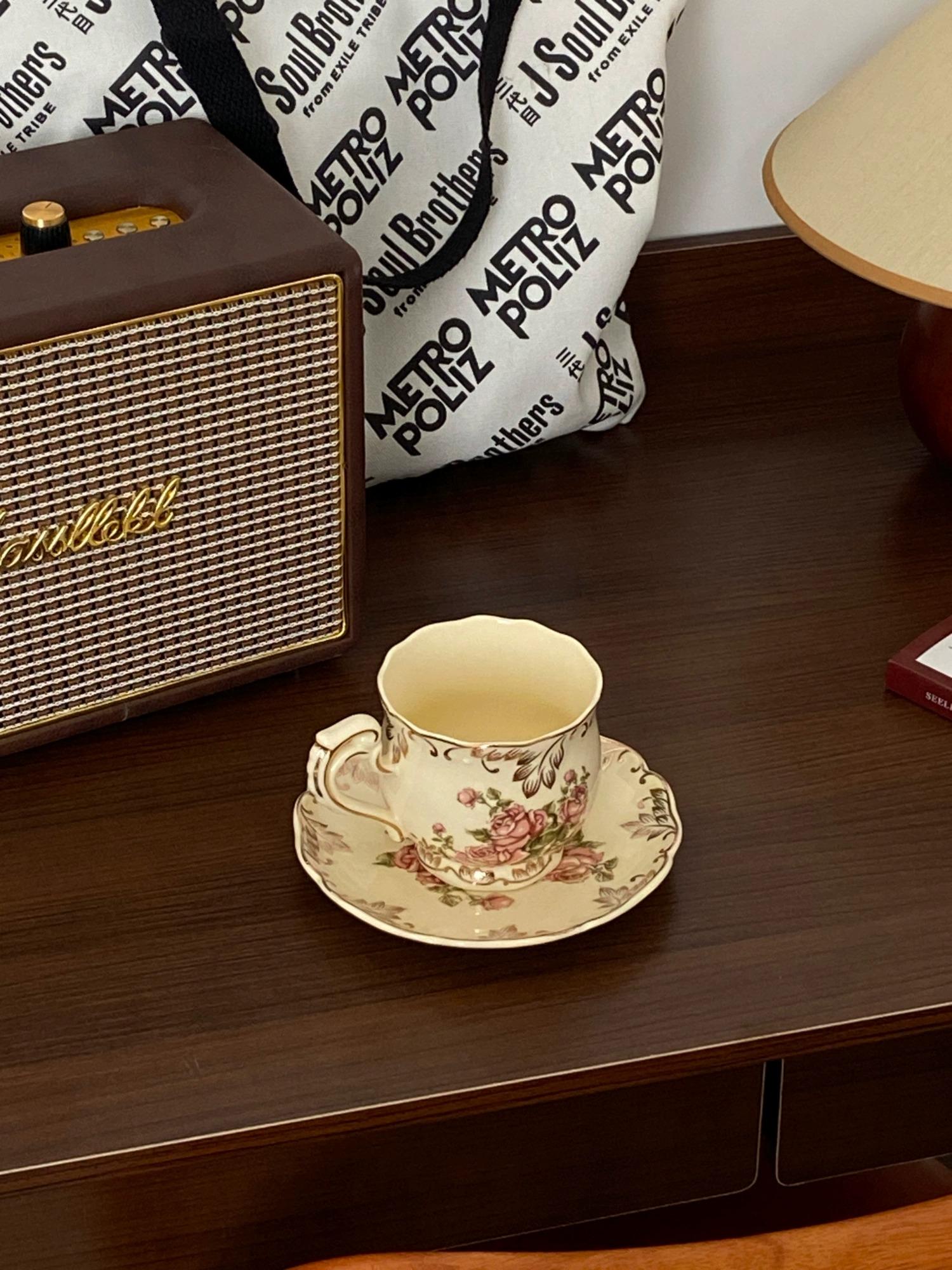 French Cream-Colored Rose Ceramic Coffee Cup and Saucer Set - Afternoon Tea Hostess Gift