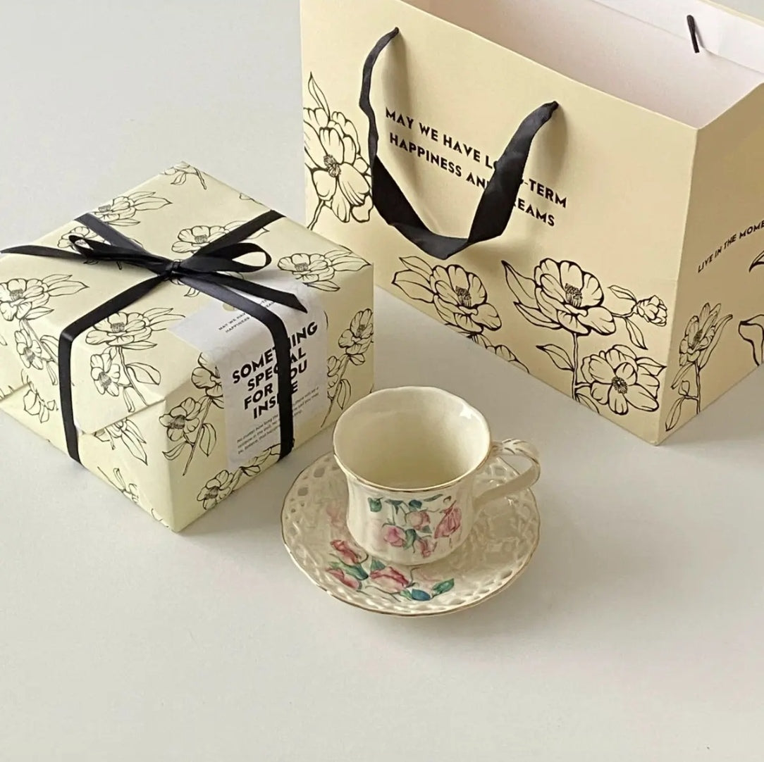 Vintage European Rose Trim Bone China Coffee Cup and Saucer Set - Afternoon Tea Gift Box | Elegant Hostess Gift Drinkware